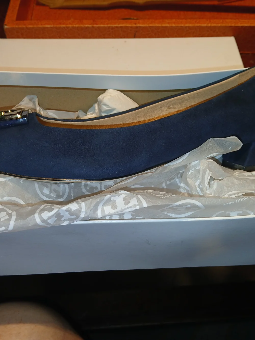 Tory Burch Navy Suede Block Heel Pump